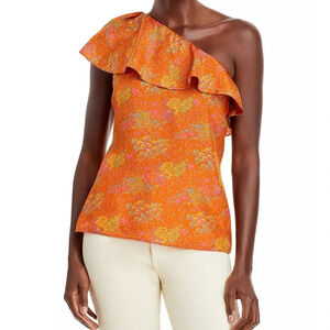 Rebecca Taylor Isabelle One shoulder Neckline Ruffle trim Floral print silk top